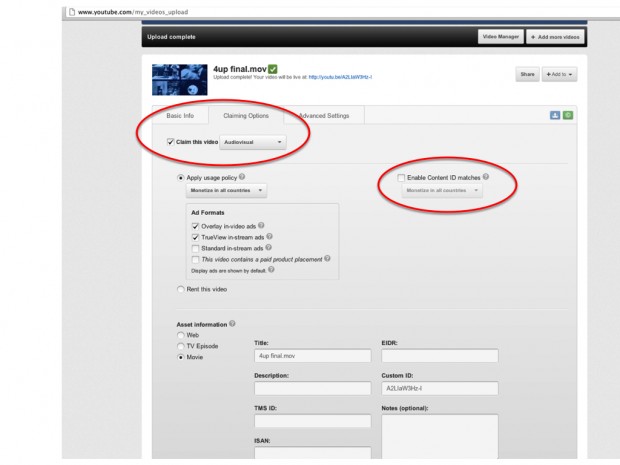 Claiming uploaded file on Youtube
