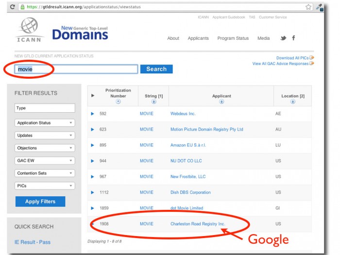Google is one of 8 companies that have applied for control of "movie" domain name